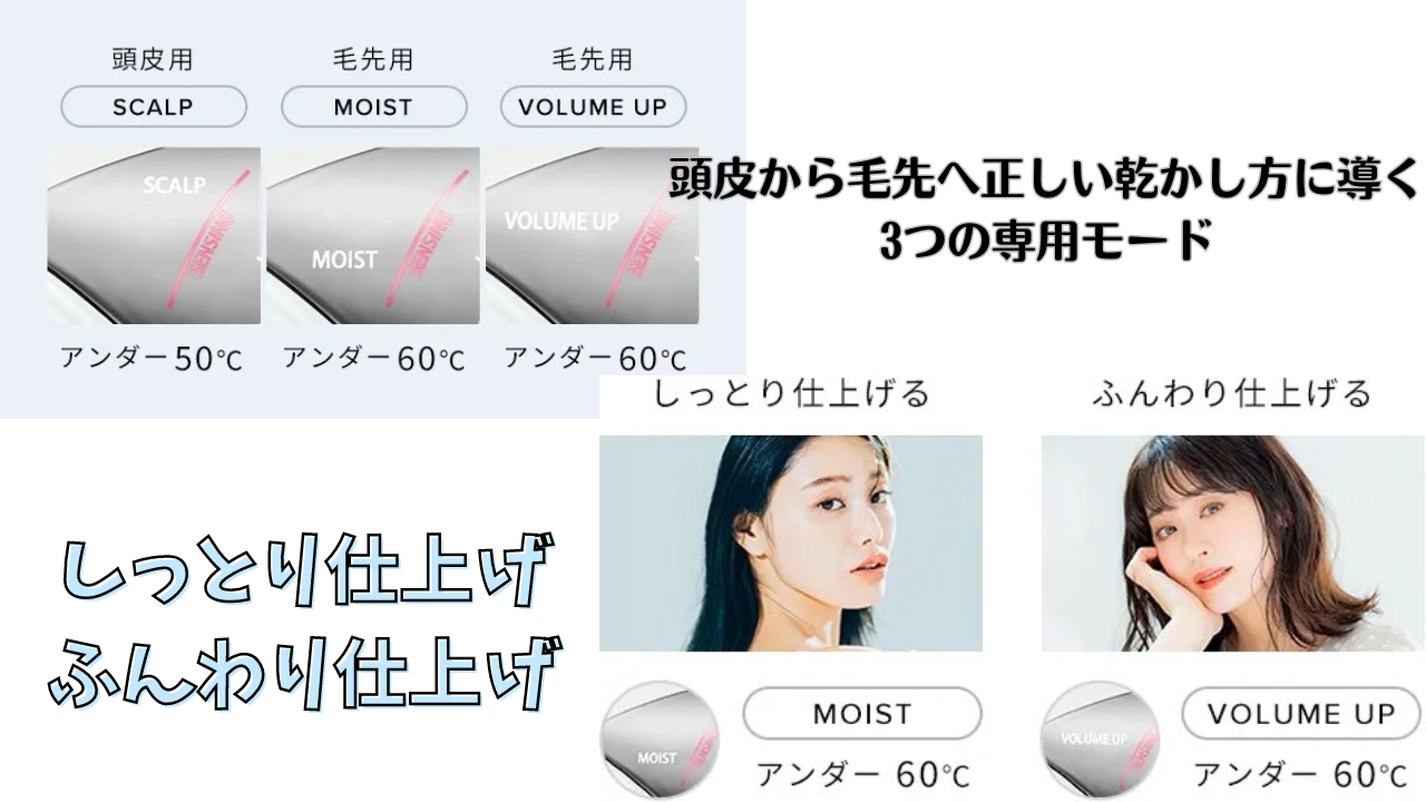 頭皮から毛先へ正しい乾かし方に 専用モード