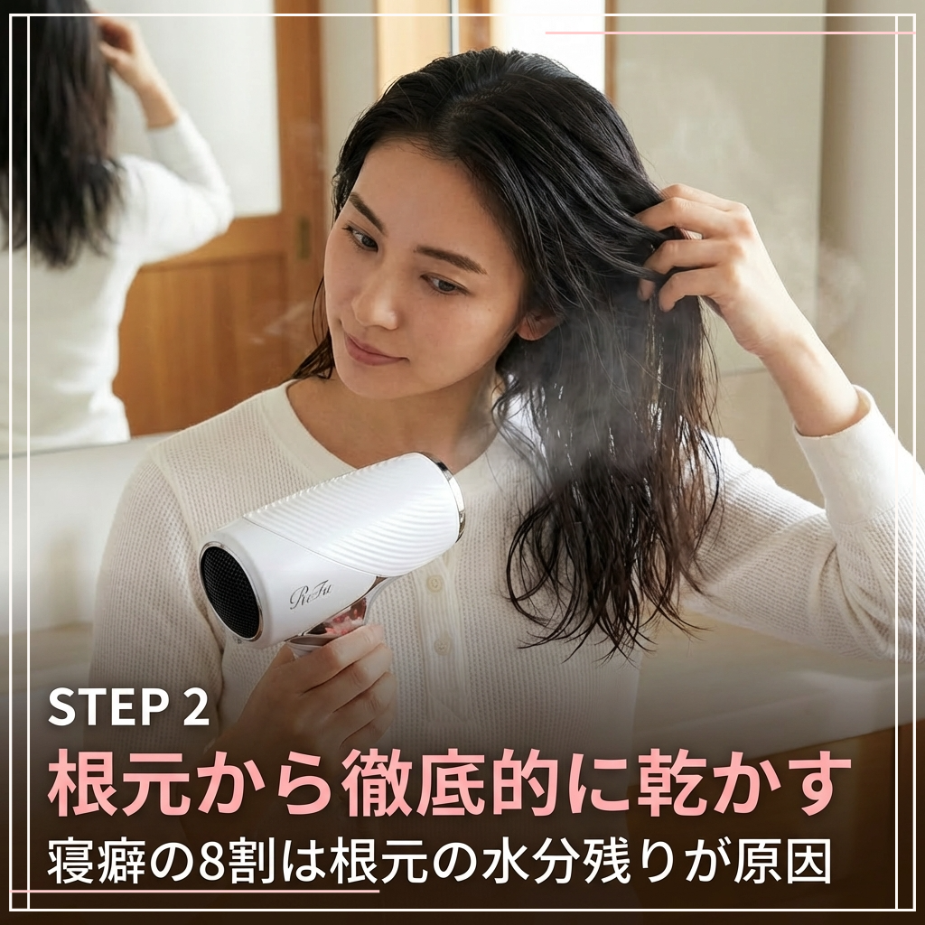 根元から徹底的に乾かして寝癖の根本を断つ