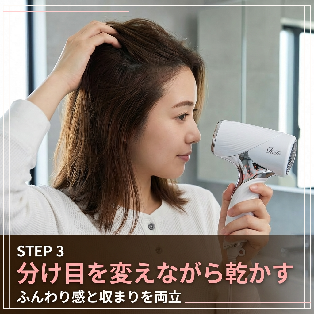 分け目を変えながら乾かしてふんわり感と収まりを両立