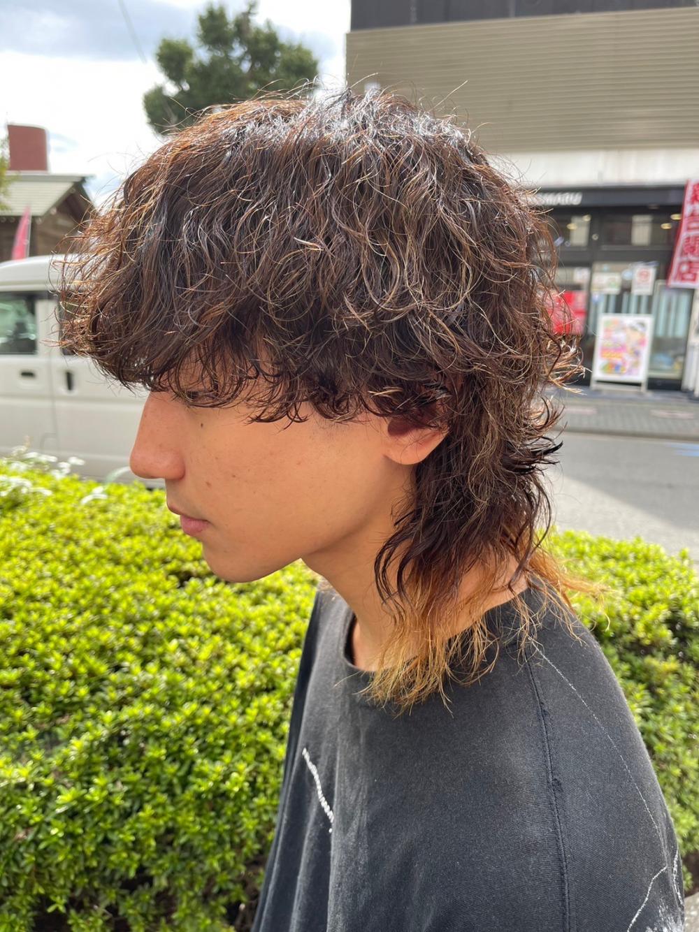 波巻きスパイラルパーマ マッシュウルフ ウルフパーマ メンズ