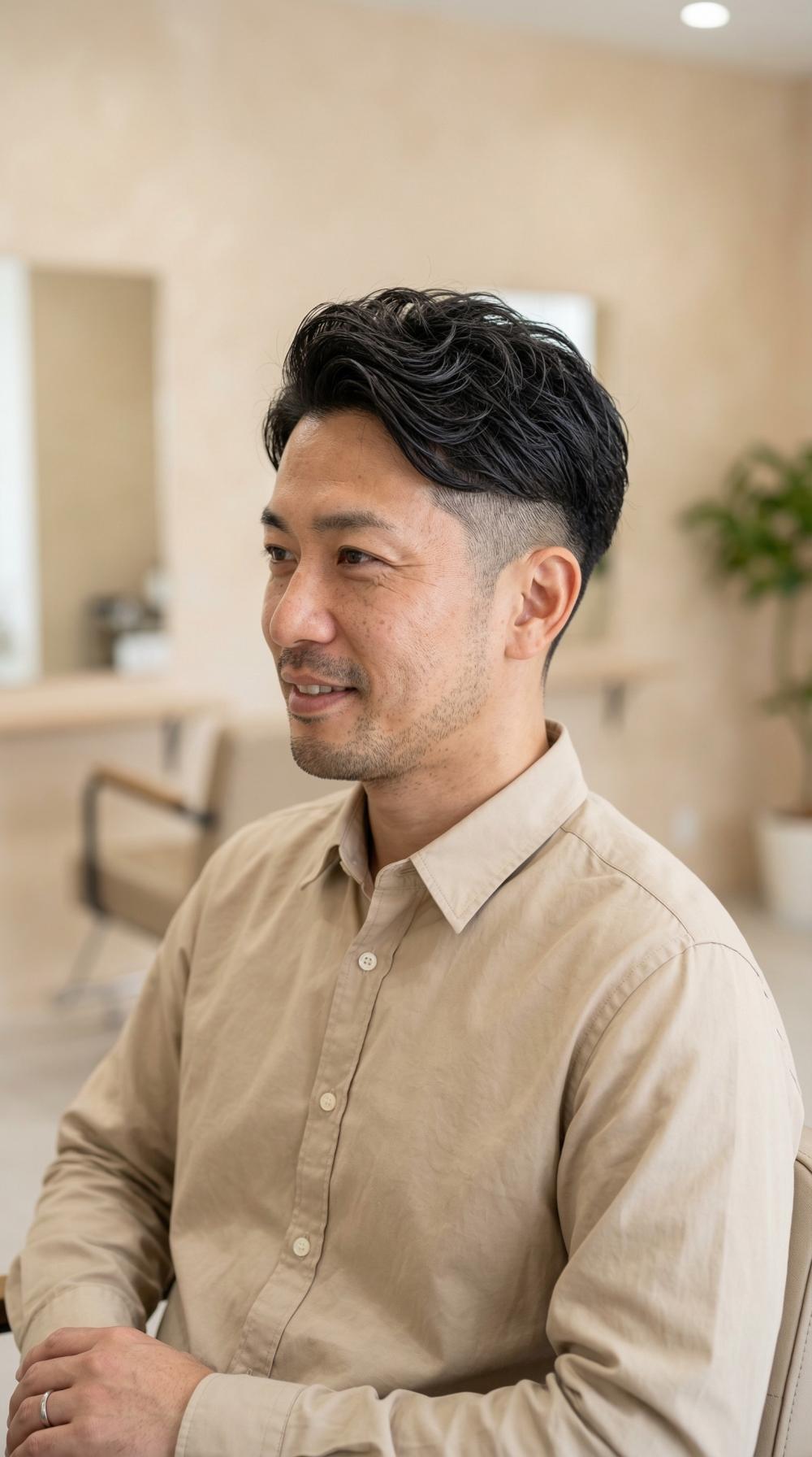 30代からの爽やかメンズヘア｜好印象な「大人の2ブロック×毛流れニュアンスパーマショート」