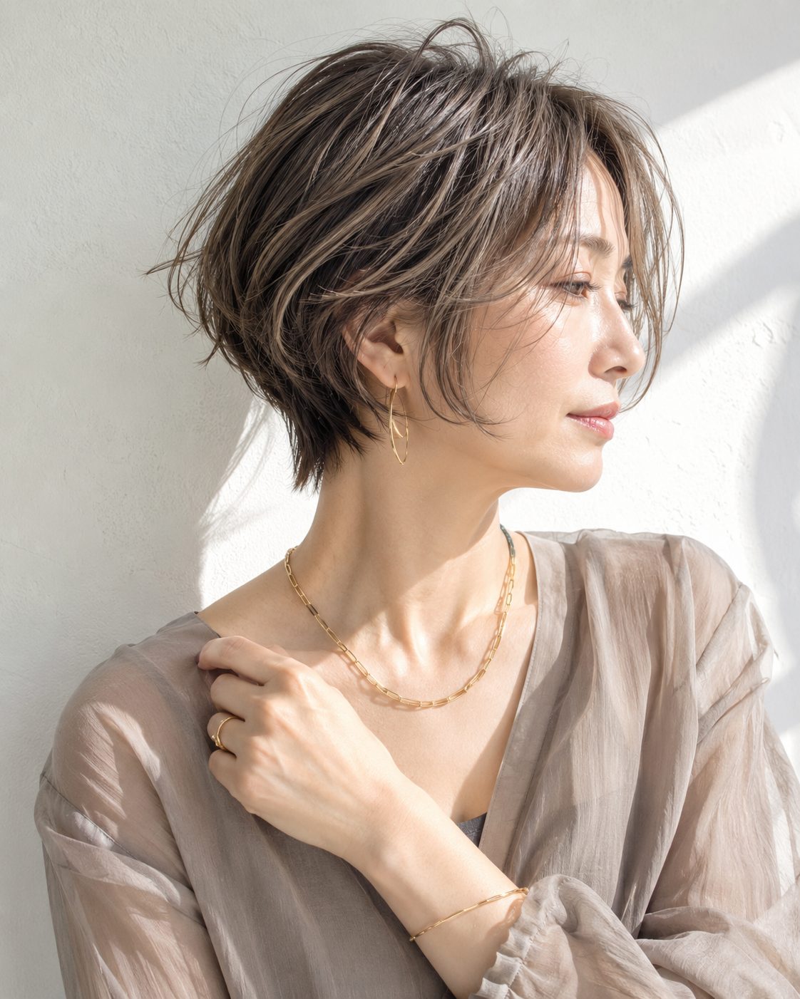 ショートボブ/大人女性/アッシュグレージュ/脱白髪染め/白髪ぼかしハイライト