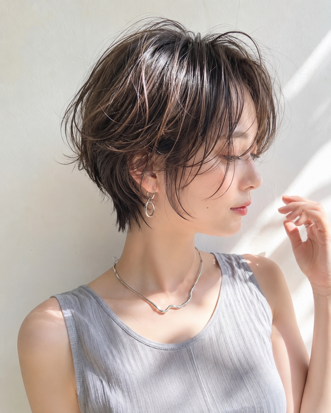 ショートボブ/大人女性/グレージュ/脱白髪染め/白髪ぼかしハイライト